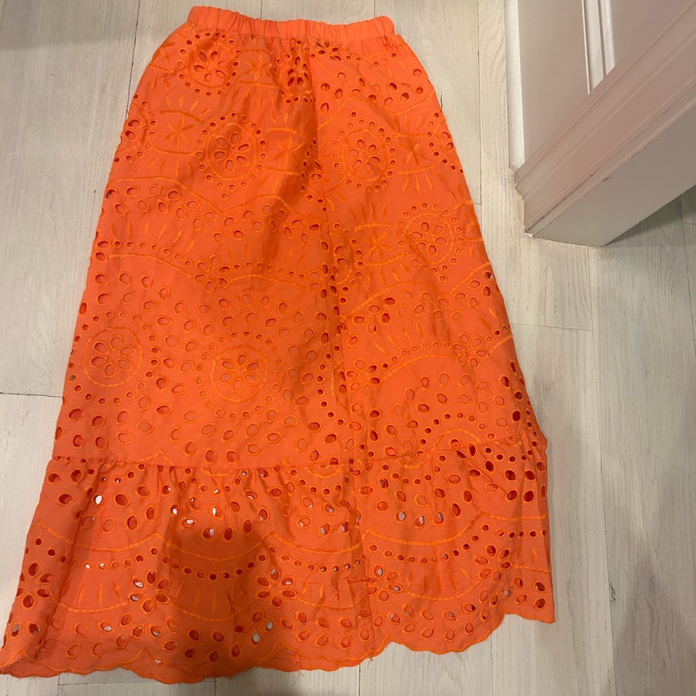 SHEIN Bright Orange Eyelet Midi Skirt